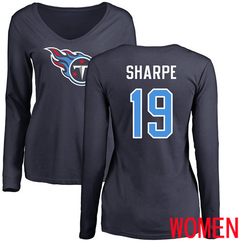 Tennessee Titans Navy Blue Women Tajae Sharpe Name and Number Logo NFL Football #19 Long Sleeve T Shirt